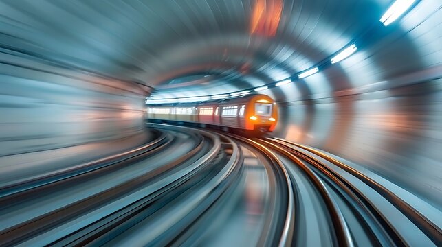 A blurred image of a train moving through a tunnel, showcasing motion and speed.