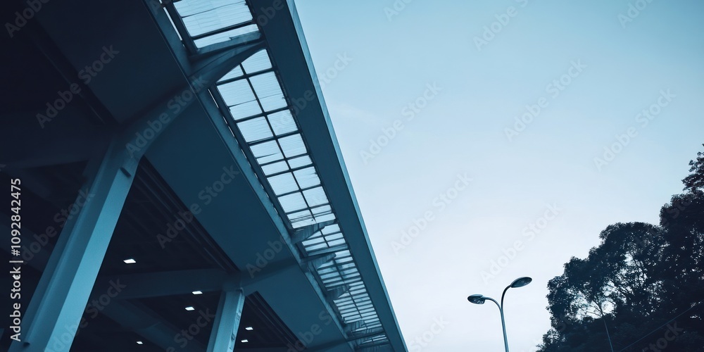 Aufkleber a low-angle view of a modern overpass with a clear sky and surrounding trees.