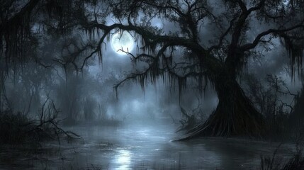 Obraz premium A mysterious, foggy swamp scene illuminated by moonlight, evoking a sense of intrigue.