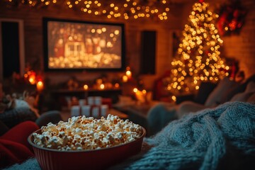 Cozy christmas movie night gathering with friends at home