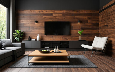 Living room with large flat screen TV on the wall