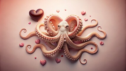 Obraz premium Minimalist Octopus Valentine: A Serene Love Story in Oceanic Hues, Capturing the Essence of Romance with an Abstract Octopus Design for Modern Aesthetic Enthusiasts