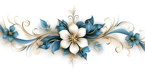 Elegant 3D Blue and White Flower Decorations with Gold Accents – High-Resolution Digital Art Featuring Smooth Patterns and Detailed Vector Illustrations on a Pure White Background
