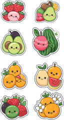 Fototapeta premium Adorable Kawaii Fruit Stickers: A Delightful Collection of Cartoon Strawberries, Avocados, Oranges, and Watermelon Designs Perfect