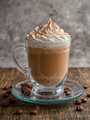 capuccino coffee with whipped cream foam in glass mug	