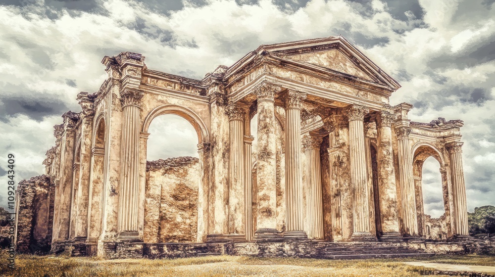 Aufkleber a majestic ruin featuring classical architecture with columns and intricate details.