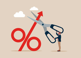 Tiny businessman uses scissors to cut percentage mark. Stop Inflation. Economic crisis, high interest rates on loans. Modern vector illustration in flat style