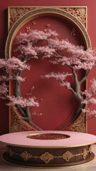 Asian-inspired platform with gold accents and cherry blossoms, ideal for displays or as a luxurious backdrop.