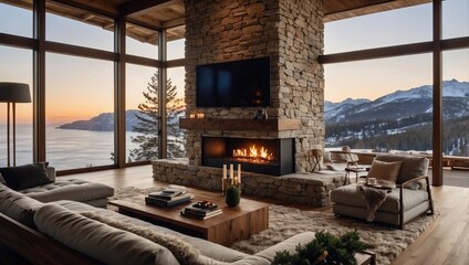 A luxurious modern mountain home interior with a large floor-to-ceiling window showcasing a breathtaking snowy view