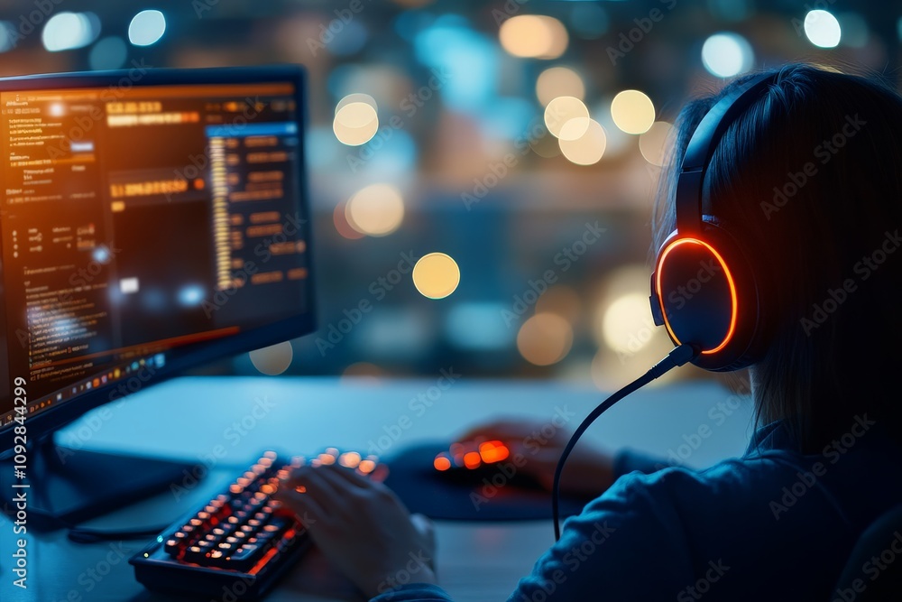 Poster a person is gaming at a computer with headphones on, set against a nighttime background with bokeh l