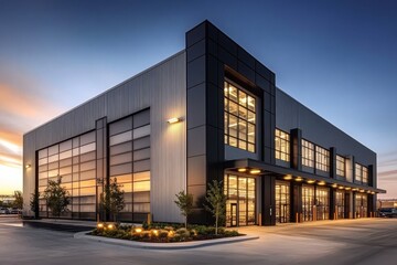 Fototapeta premium The modern warehouse office building features a sleek steel exterior.