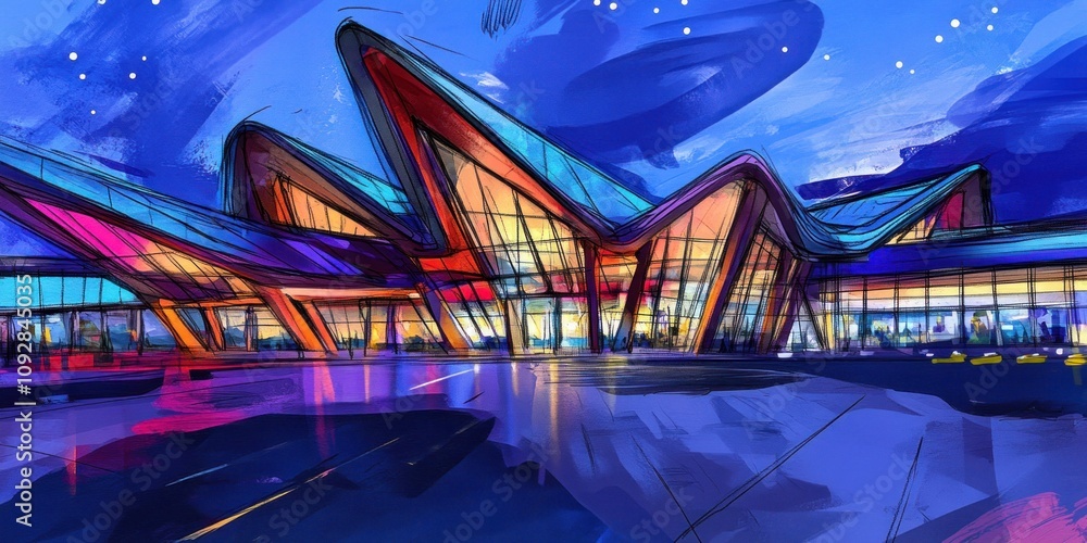 Poster a vibrant, modern architectural design of a building with dynamic shapes and colorful lighting.