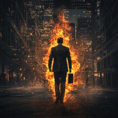 Fototapeta premium Businessman walking through flames in urban setting