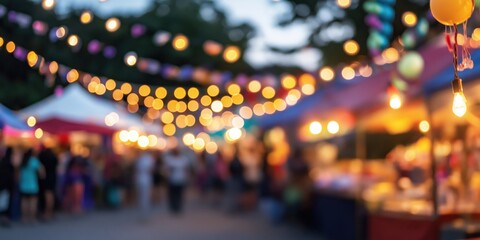Fototapeta premium A lively night market scene filled with vibrant stalls, twinkling fairy lights, and crowds enjoying the atmosphere, creating a magical ambiance for visitors.