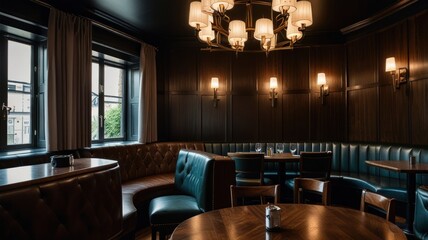 Here's a description and keywords for your stock photo.. Luxurious private dining room with teal banquettes, dark wood paneling, and elegant lighting.