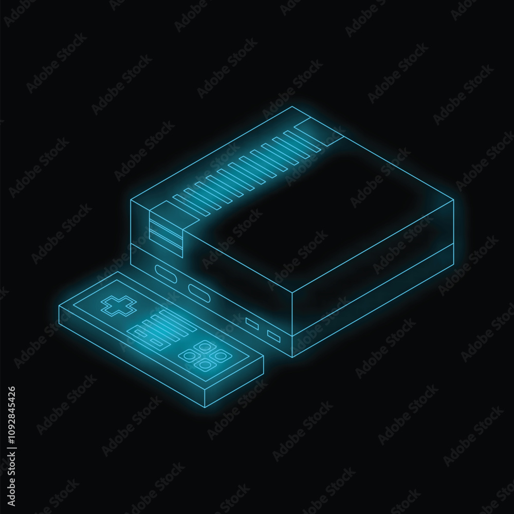 Poster neon blue glowing retro game console with controller glowing on black background