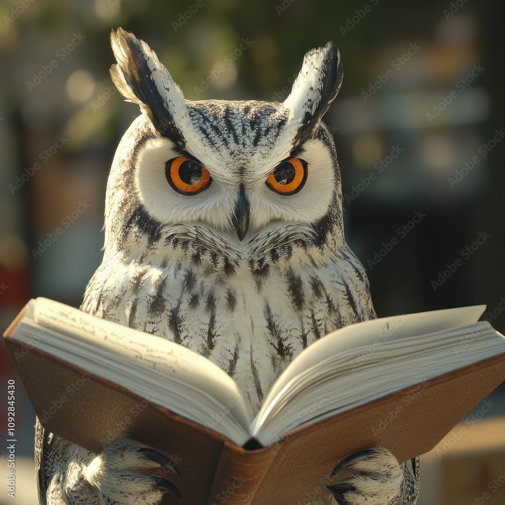Poster a wise owl reading a book in a natural setting, symbolizing knowledge and learning.