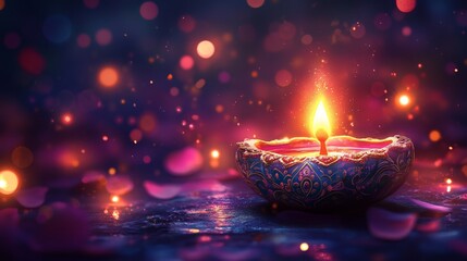 Colorful Diwali Diya with Glowing Flame and Festive Bokeh