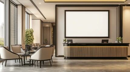 Fototapeta premium Modern reception area with a desk, seating, and large blank screen for presentations.