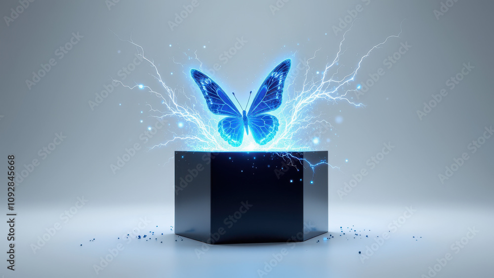 Poster an artistic digital representation of ai with a glowing butterfly emerging from a black cube.