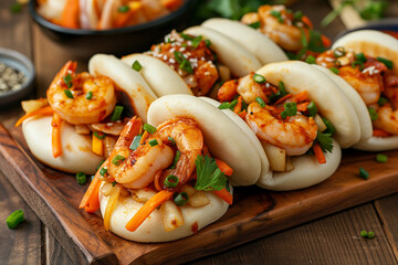 Soft bao buns filled with crispy shrimp and vegetables on a wooden board, highlighting gourmet Asian cuisine.