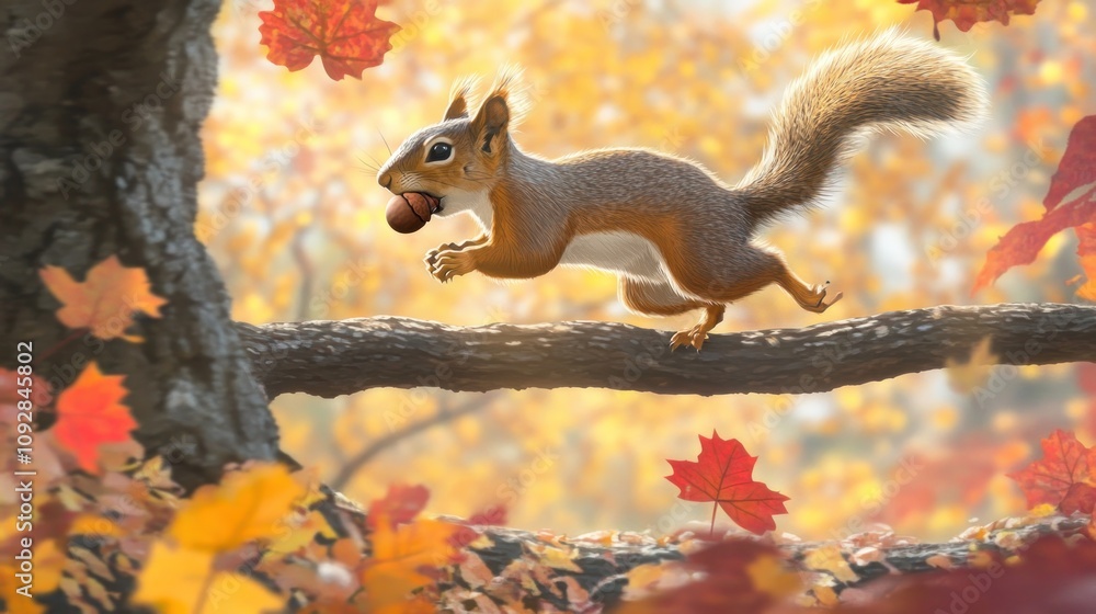 Poster a squirrel energetically leaps across a branch in a vibrant autumn forest.