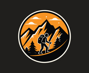 Vector Mountain Range Illustration with Sunset and Stars in a Minimalist Circular Emblem