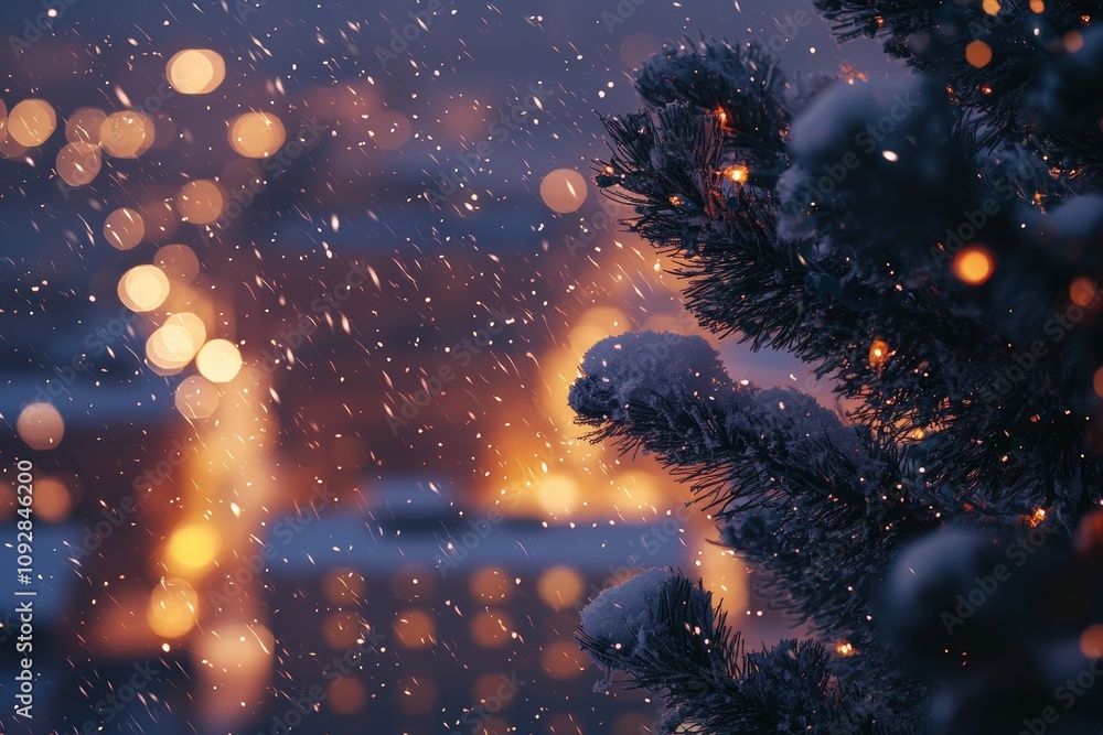 Wall mural Snowy evening with festive lights glowing