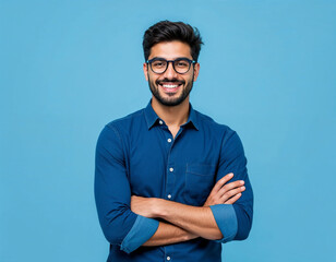 Young hispanic man wearing blue shirt and glasses, looking at camera with positive confident smile, holding arms crossed, isolated on blue background