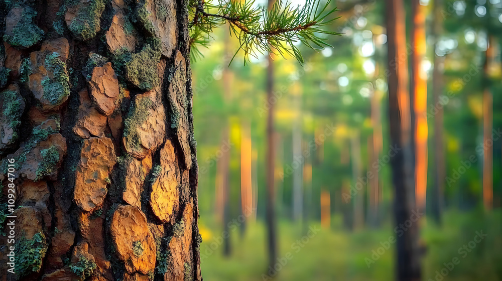 Poster close-up of a pine tree trunk with textured bark in a green forest