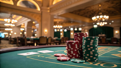 Colorful poker chips stacked on casino table in luxurious gaming room