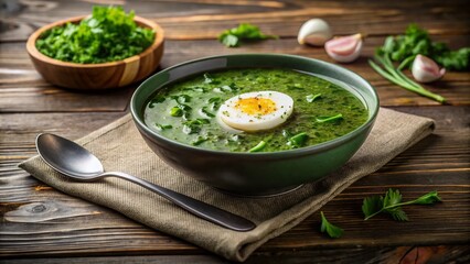 Minimalist Photography of Green Borsch with Egg and Sour Cream in a Bowl on a Simple Wooden Table with Natural Light and Soft Background for Culinary Art and Healthy Eating