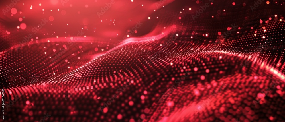 Poster abstract red wave pattern with glowing dots, conveying a sense of motion and energy.