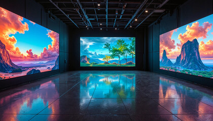 Art gallery showcasing vibrant digital art on large screens with reflective floor