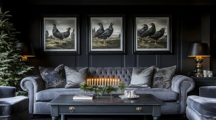 Elegant living room decor featuring artistic black and white chicken prints cozy atmosphere interior design modern home