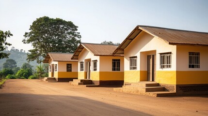 Houses with yellow accents in a tranquil rural setting.
