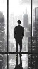 Fototapeta premium A businessman in a suit stands with his back turned, looking out of the window at an empty cityscape