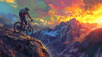 Fototapeta premium A mountain biker gazes at a breathtaking sunset over rugged peaks, capturing the thrill of adventure in nature.