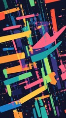 Abstract colorful pattern with dynamic lines and shapes on a dark background.