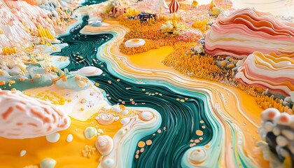 Tilted angle view of a surreal culinary masterpiece, vibrant colors blend with artistic movements, dreamlike presentation, intricate details, a feast for the senses