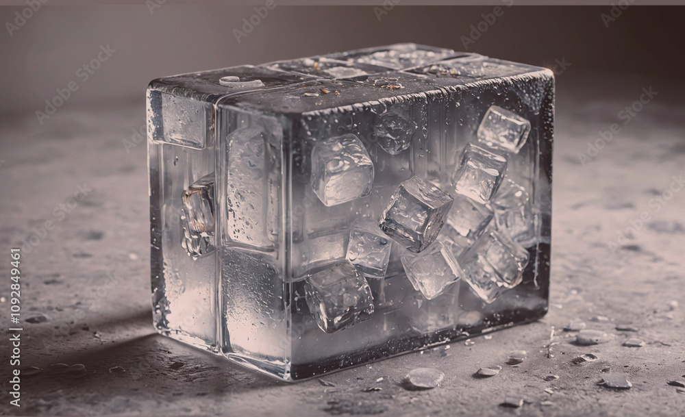 Poster box of ice cubes is sitting on a table. the ice cubes are in a clear container