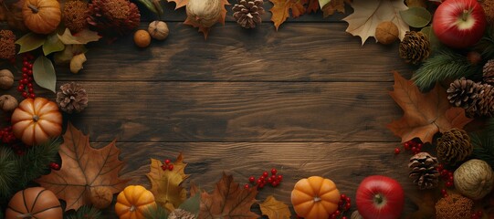 autumn frame made of pumpkins, apples and dried leaves background 40