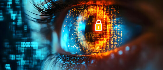 A digital eye scan in progress, with a secure padlock symbol and binary code faintly visible in the background