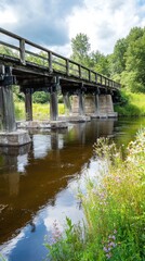 A serene river scene featuring a wooden bridge surrounded by lush greenery and wildflowers.