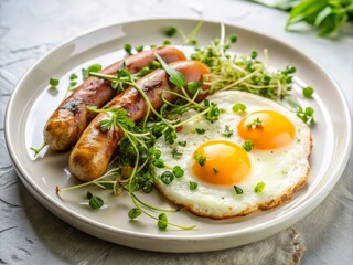 Delicious Breakfast Platter Featuring Fried Eggs and Sausage on a White Plate, Beautifully Garnished with Fresh Microgreens for a Healthy Start to Your Day