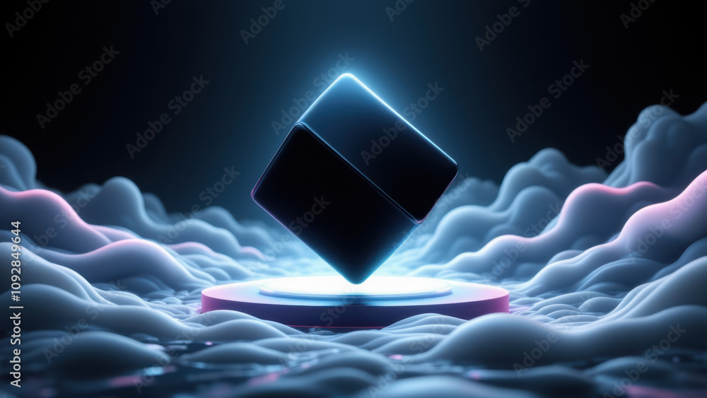 Poster a futuristic digital art featuring an ai-themed cube on a cloud of data with a cybernetic atmosphere
