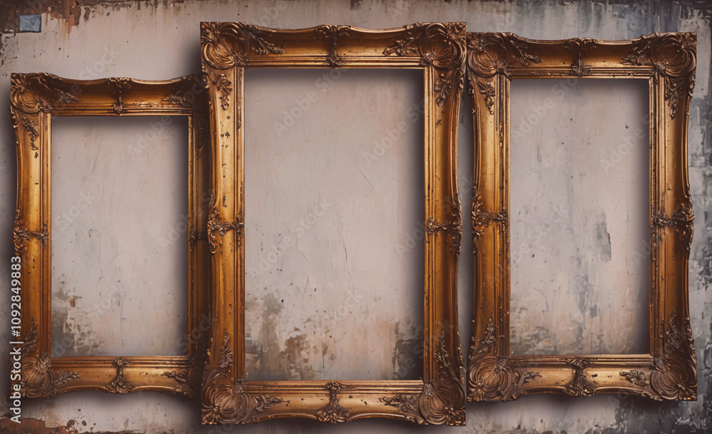Poster three gold framed picture frames with a white background. the frames are empty. the frames are place