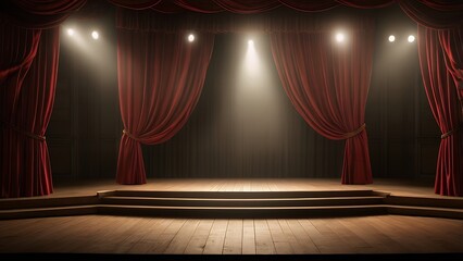 Stage with red curtains 3d illustration template design.