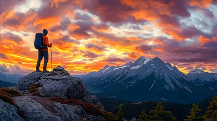 Fototapeta premium A lone hiker stands on a rocky peak, gazing at a vibrant sunset over distant mountains, surrounded by colorful clouds.