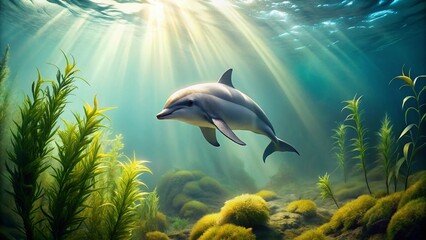 Minimalist Sea Life Background Featuring a Dolphin Among Light Green Seaweed Plants, Perfect for Nature and Ocean Enthusiasts Looking for Serene Aesthetic Imagery